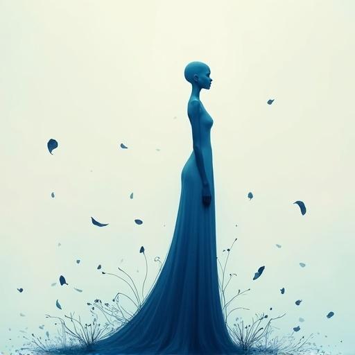 A bald minimalist figure standing tall in the center. The figure has a slender silhouette filled with blue color. Petals are falling around in a dreamlike minimalist environment. Abstract forms and textured brushwork create a contemporary digital painting. Emotive visual storytelling is evident.