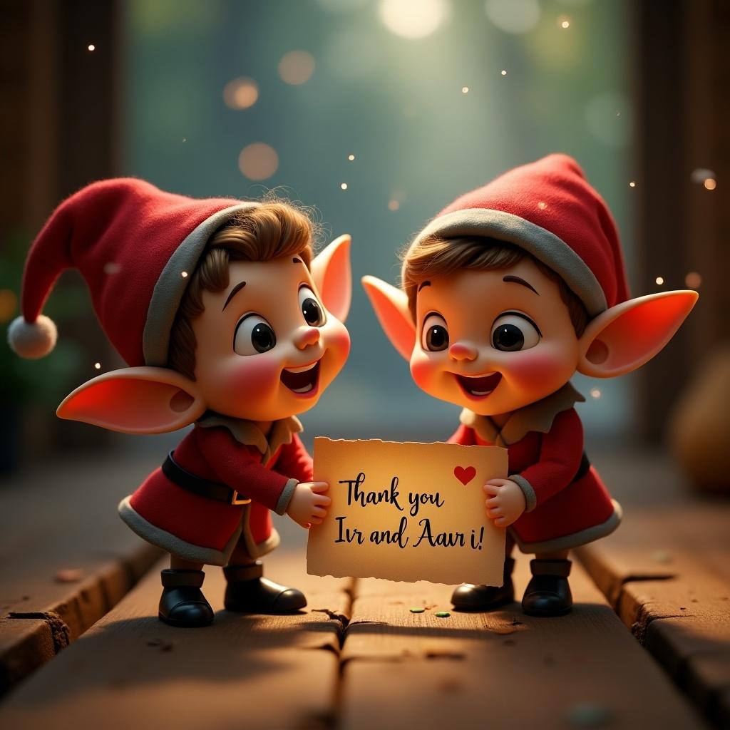 Animated scene with cheerful playful elves holding a note. Soft lighting creates a magical atmosphere. Note expresses gratitude.