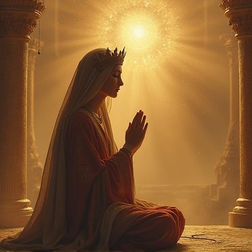 Depiction of Mrikandu and Marudvati in prayer. A serene figure in a crown. Soft golden light. Ethereal atmosphere. Cultural and mythological elements.