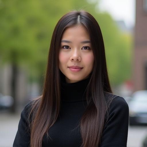 Woman with long hair wearing a dark sweater stares at camera. Background has blurred green trees and buildings. Professional lighting creates a friendly mood. Realistic portrait style.