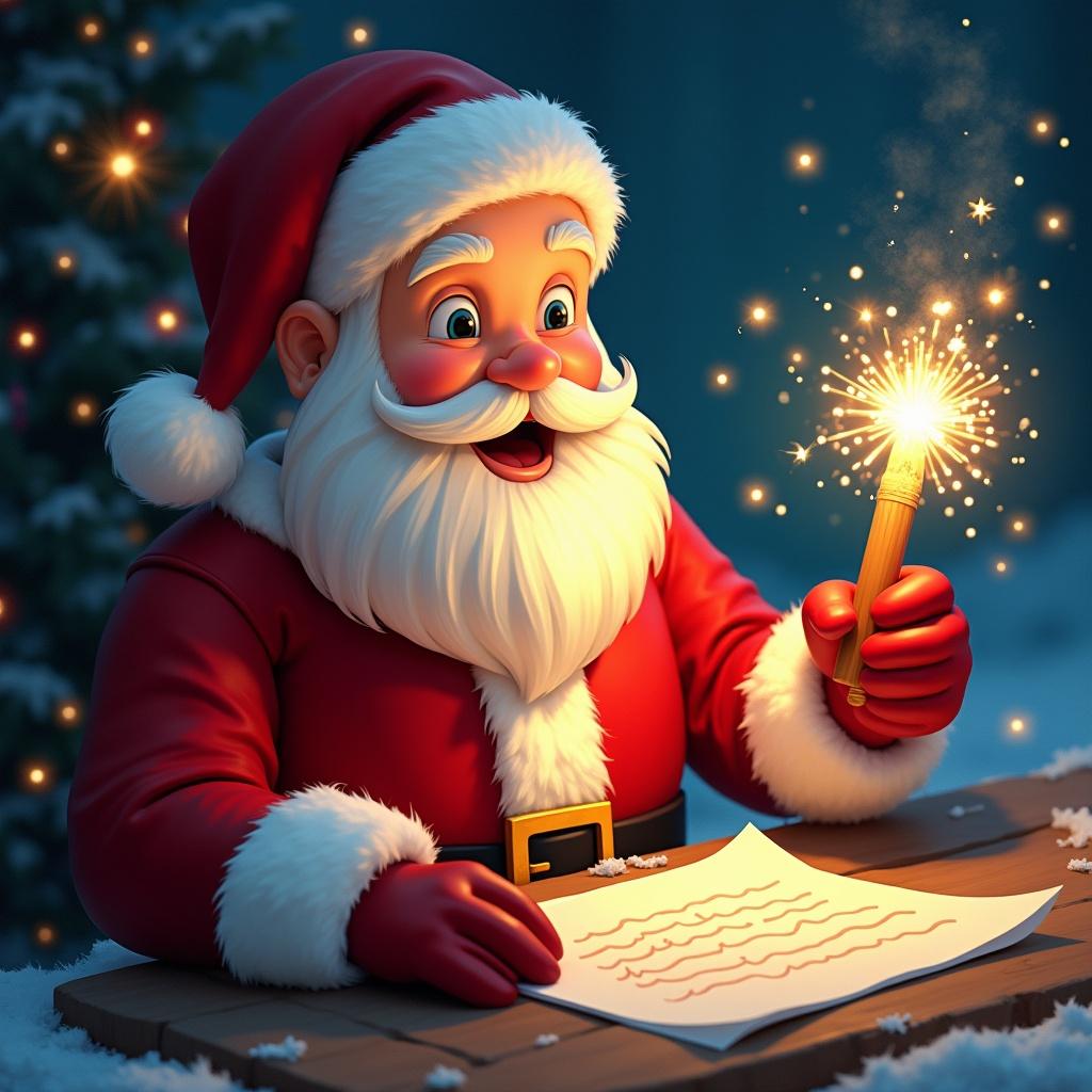 Santa writing a letter in a snowy setting. Magic and warmth present. Glow stick illuminates the scene.