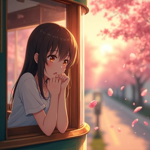 Anime girl leans from the window of a vintage tram. Sakura petals swirl in golden hour light. Soft focus background enhances the scene's dreamy quality.