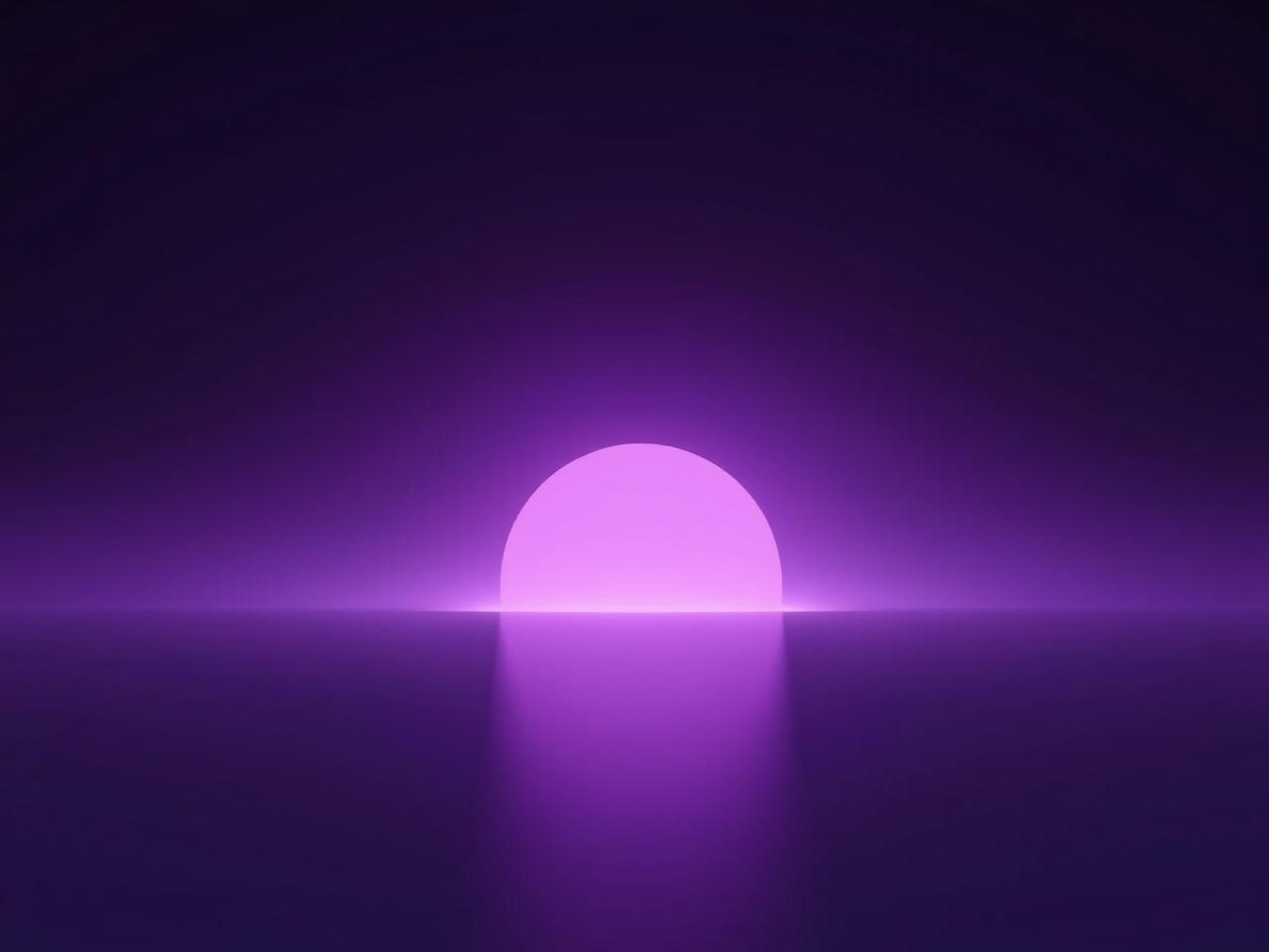 This image features a minimalist abstract visualization of a horizon. A glowing ethereal purple sun rises in the background, casting an ultraviolet gradient. The atmosphere is enhanced by volumetric lighting that creates a sense of depth. The background transitions from dark purple to black, contributing to a serene ambiance. The composition is clean and centered, emphasizing the soft light diffusion and high contrast that characterize the scene.