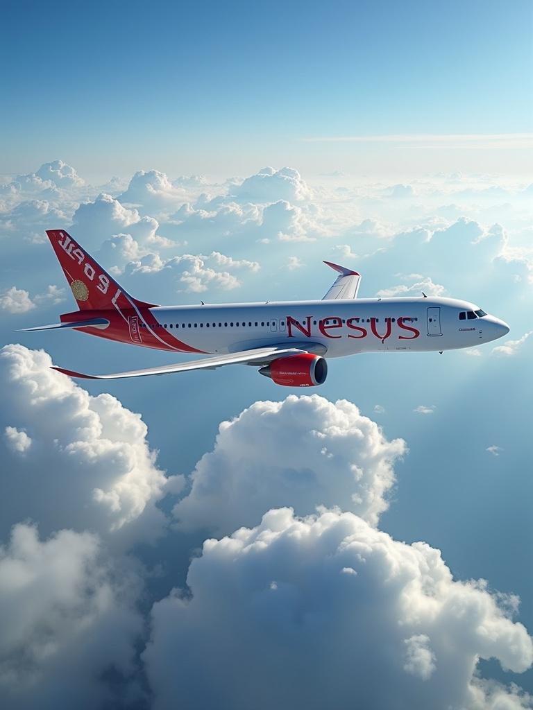 Flying airplane exterior with the name NEXSUS visible. The airplane appears above fluffy clouds in a clear sky. Ideal for travel themes and aviation discussions.