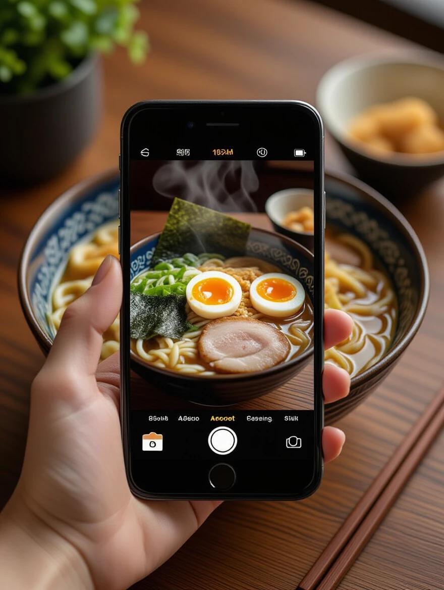A hand holds a smartphone capturing a detailed photo of a ramen bowl. Ramen includes noodles, boiled eggs, seaweed, and pork. Rich broth creates steam bubbles. Warm light enhances the scene. The phone screen showcases the ramen in vibrant detail.