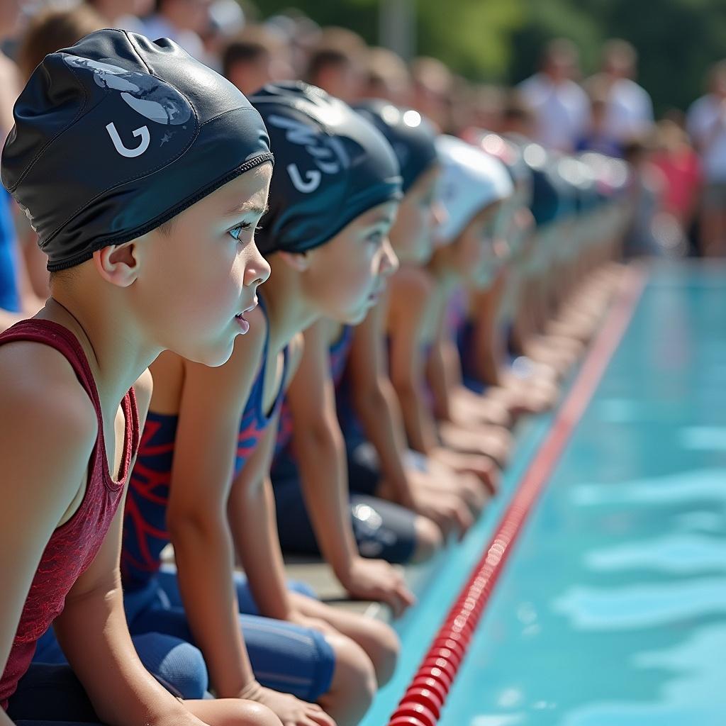 Young boys in swim caps lined up at the edge of a diving pool. Bright blue water reflects the sunlight. Many spectators in the background.