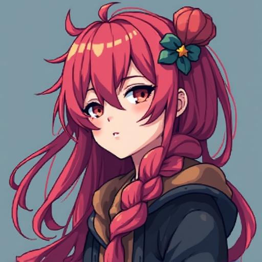 Pixel art anime style character portrait in fantasy theme. Character with long red hair and intricate braid. High quality and detailed features. Soft background with complementary colors.