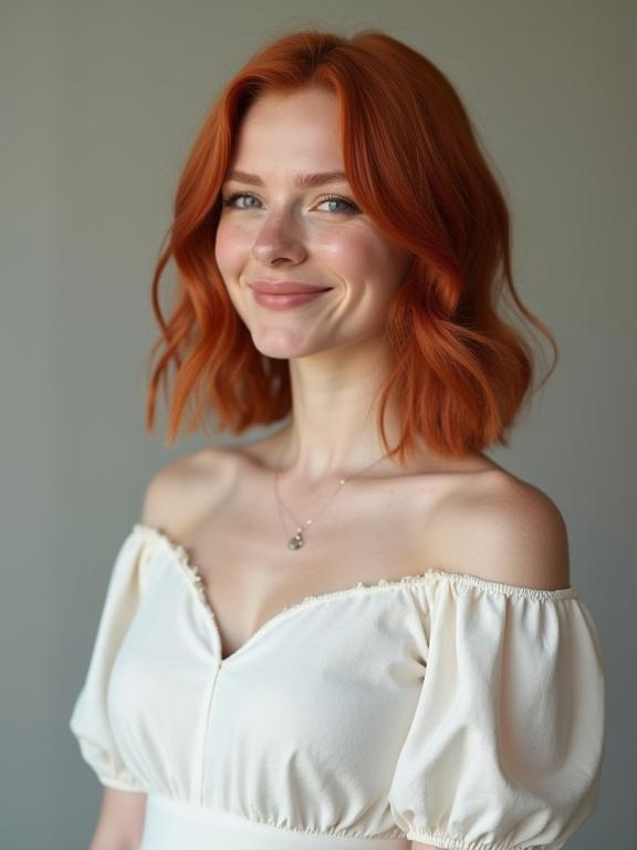 A young British woman poses playfully in a white dress. Her hair is styled in soft red waves. The image captures a side view showcasing her confident smile and elegant neckline. Natural light illuminates her face, highlighting youthful features and joyful essence.