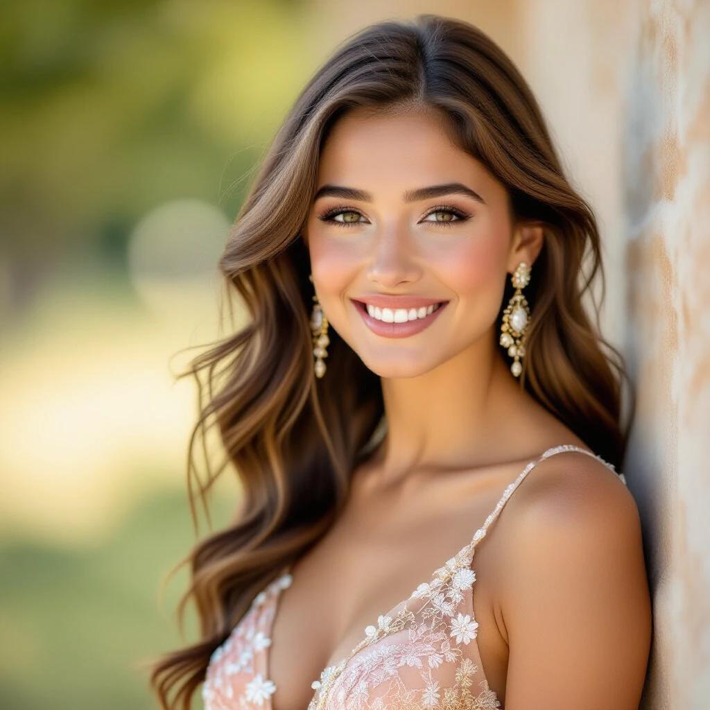 Young woman poses against a softly blurred background. She wears a beautifully embellished peach dress and ornate earrings. Smiling with a serene expression conveying warmth and confidence. Soft natural light illuminates her face.