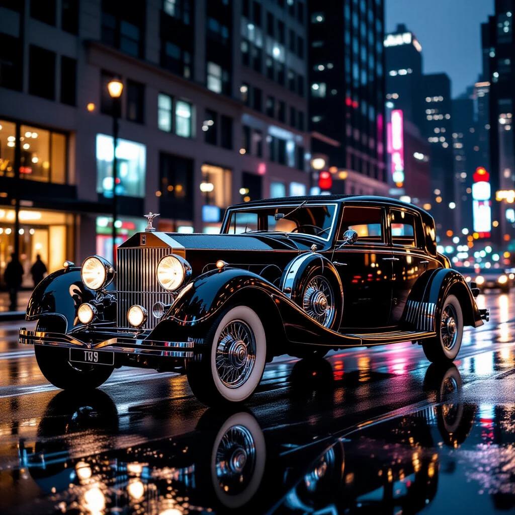 Art Deco luxury car in a city at night. Reflecting chrome details on rain-slicked road. A 1929 Rolls-Royce Phantom II parked on the street.