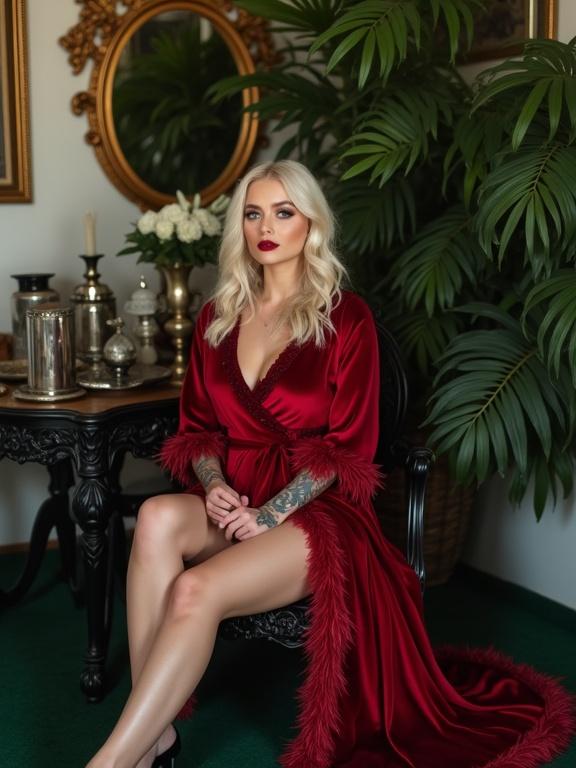 Photograph of a Caucasian woman seated in a vintage room. She wears a red velvet robe with feather trim. The robe reveals her legs and is cinched at the waist. Her hair is platinum blonde styled in waves. Makeup is glamorous with red lipstick. She has a tattoo sleeve on her arm. The background features plants and decor elements. A table with flowers and a mirror is present. The atmosphere is luxurious and intimate.