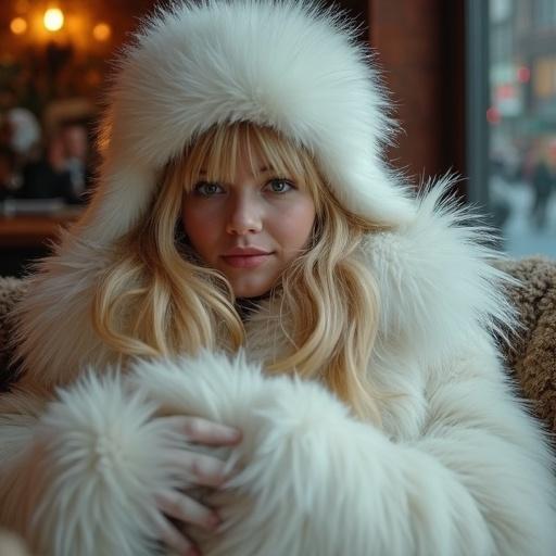 Scene in a cafe on a cold winter day. Woman with long blonde hair and bangs wearing a fluffy white fur jacket and hat. Kneeling on a fur blanket. Shy smile while holding herself. Cozy atmosphere.