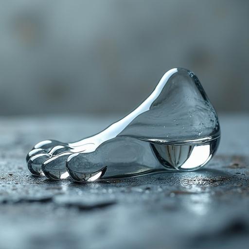 Surreal high-contrast macro photo of water droplets shaped like a baby foot on concrete. A kidney bean droplet is the heel; smaller droplets form toes. Clear and glossy with reflections. Soft blurred gray background highlights the foot shape. Illuminated by diffused light creating dramatic shadows.