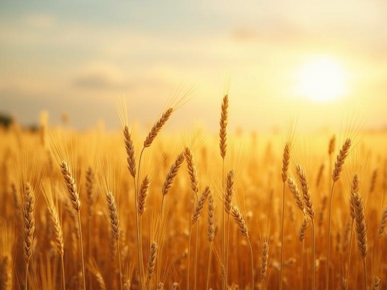 A golden wheat field bathed in warm sunlight. The scene captures the beauty of nature at sunset with stretching wheat ears in focus.