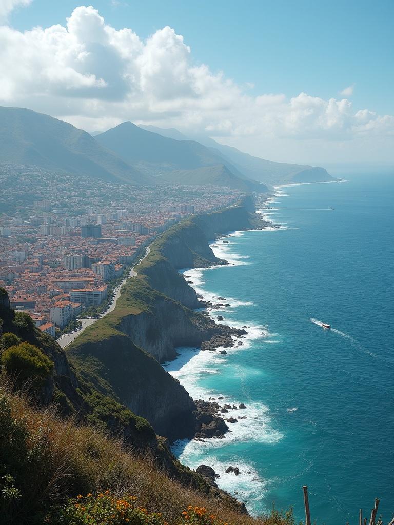 A coastal city with a long shoreline. Mountains in the background. Bright blue ocean with waves. Urban buildings along the coast. A small boat on the water.