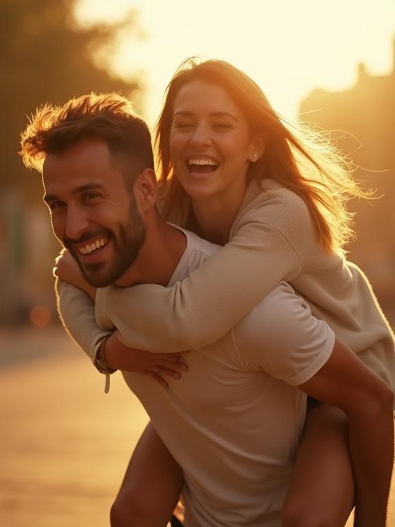 Cinematic outdoor shot of a laughing couple in soft golden sunlight. Woman rides on man's back. Wind moves her hair. Camera dollies in on joyful faces. Soft golden tones and subtle lens flares create dreamlike feel. Man turns head towards her. She smiles wider. Breeze lifts strand of hair across his cheek. Camera orbits around them revealing sunlit street. Handheld camera feel and smooth transition.