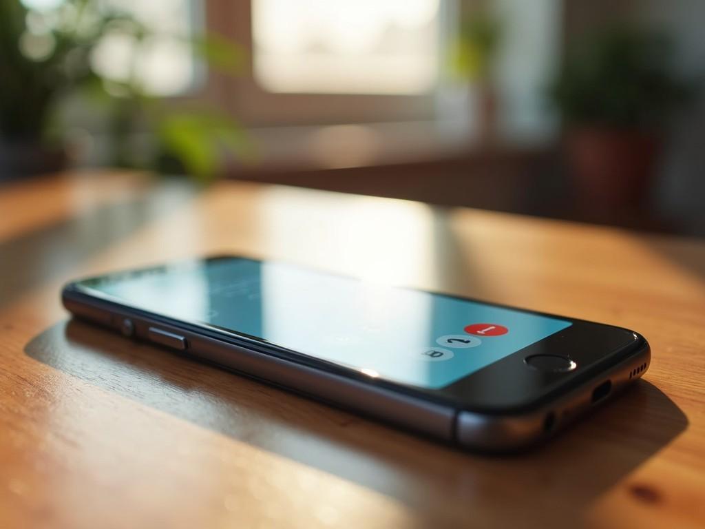 This image captures a smartphone lying on a sunlit wooden table, with its screen slightly illuminated by the soft, natural sunlight streaming in through a nearby window. The phone screen shows notification icons, suggesting an unattended message or alert. The warm tones of the wood and the soft light create a peaceful and somewhat serene atmosphere.