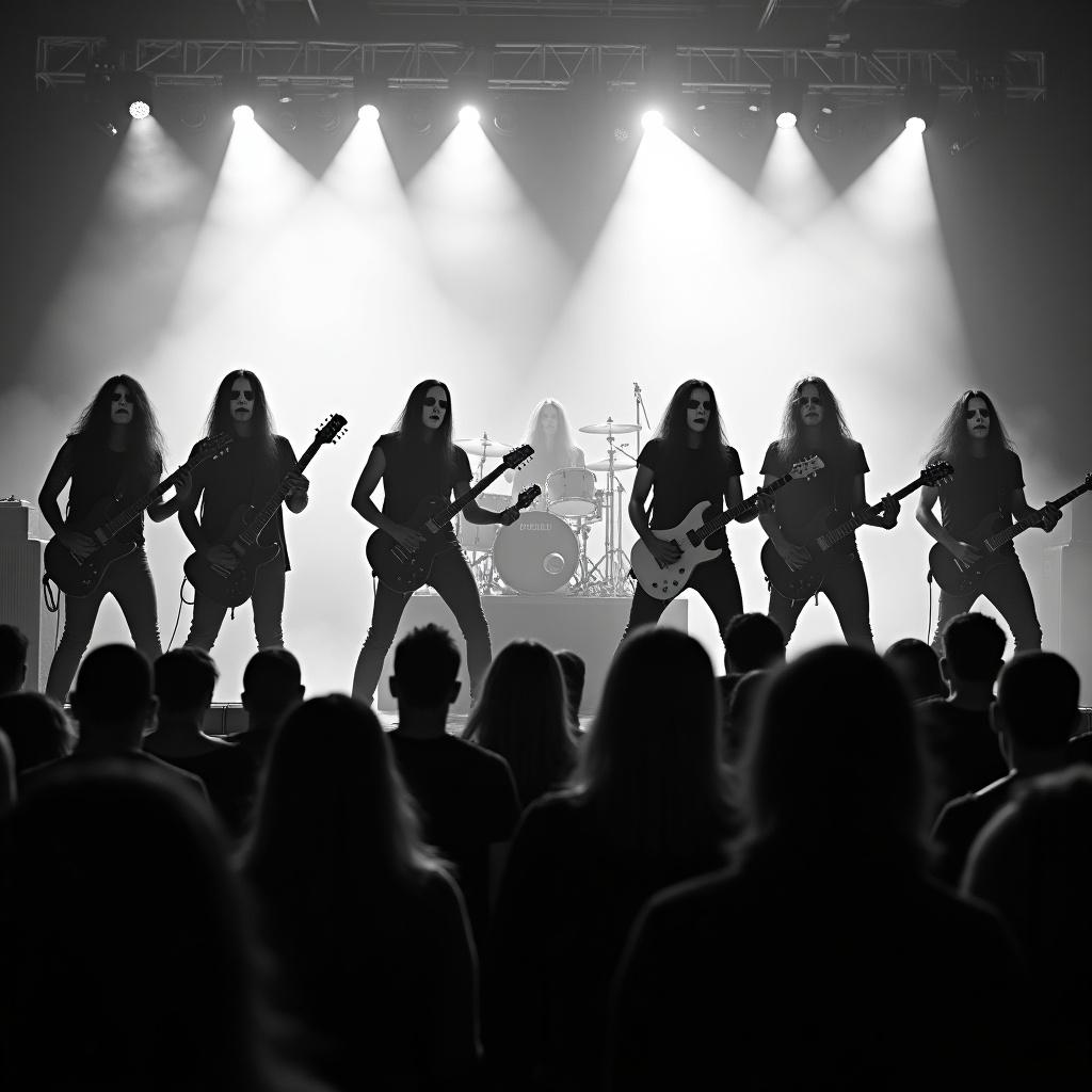 Black and white image of five musicians on stage. Musicians wear corpse paint typical of black metal. They hold electric guitars and face an enthusiastic audience. The stage has dramatic lighting and smoke. The atmosphere is eerie and gothic. The image shows unity among band members. The crowd appears highly captivated.