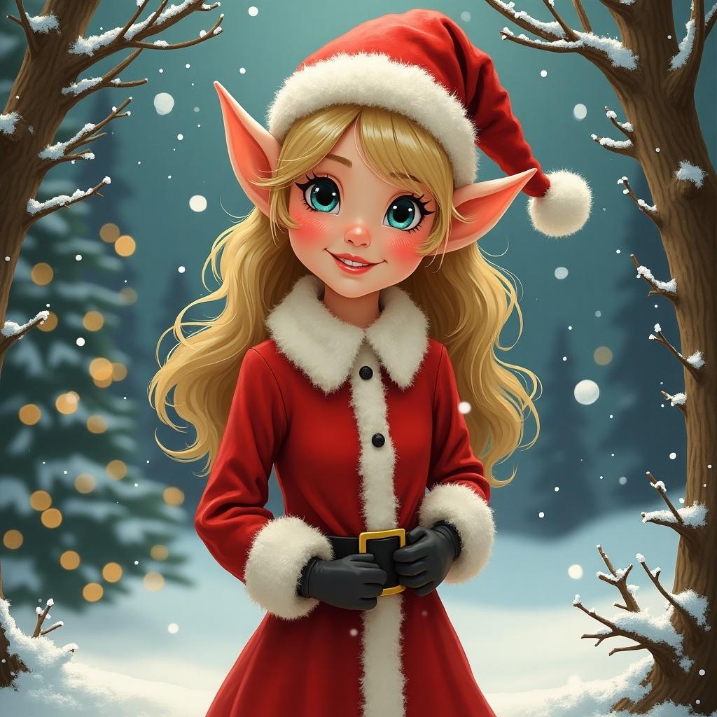 An elf wearing a red and white Santa outfit stands in a snowy scene. The elf has blond hair and is smiling. Background includes soft snow and twinkling lights.