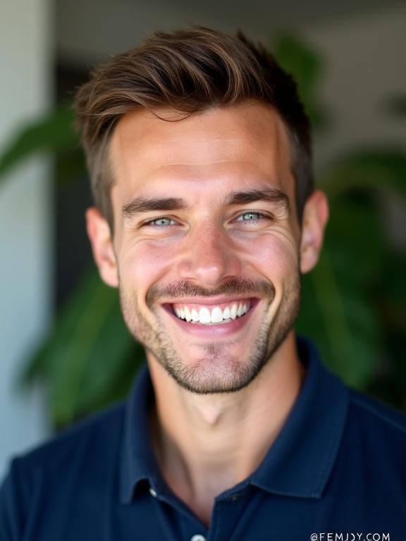 Photograph featuring a man with short brown hair and blue eyes. He smiles warmly. He wears a navy blue polo shirt. Background is blurred with green foliage suggesting an indoor setting with plants. Soft natural lighting highlights his friendly expression.