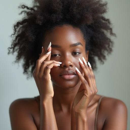 A female African cosmetic formulator displaying failed formulations. The focus is on separating creams and unstable emulsions. Model presenting with expressive hands and natural beauty.