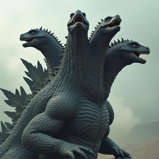 A creature shaped like Godzilla has four heads emerging from one neck. The creature features strong muscles and scales. A dramatic background displays mountainous terrain with a cloudy sky. The creature stands tall and intimidating against the landscape.