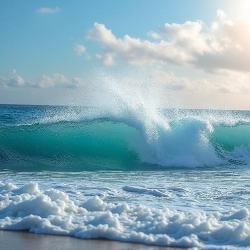 Ocean waves are crashing softly at the shore. The water is turquoise and white foam is visible. The sky features soft clouds illuminated by sunlight. Calm and serene atmosphere.