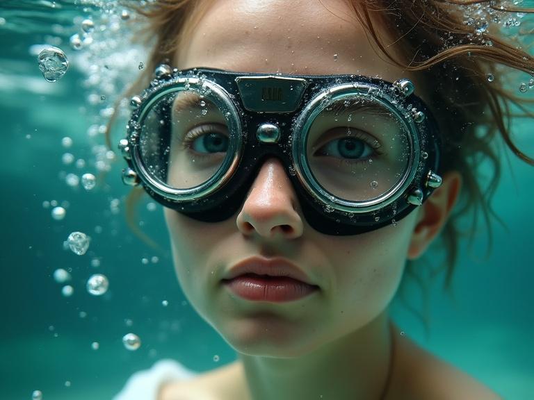 The image depicts a person underwater wearing large vintage-style goggles with water droplets on the lenses. Scene illuminated with soft natural light creating serene surreal effect. Bubbles and aquatic elements visible enhancing underwater atmosphere. Focus on person's face with detailed textures of skin and water adding depth to composition.