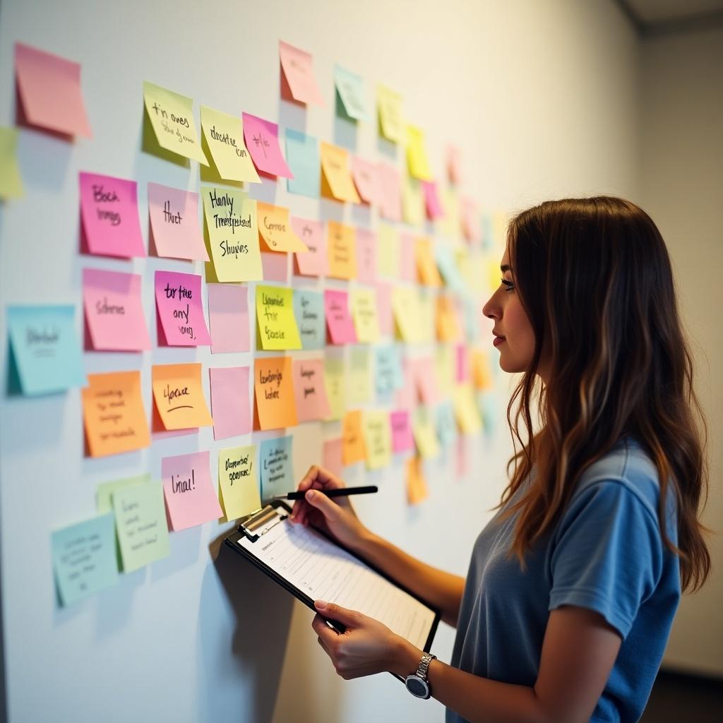 A person writes on sticky notes. Sticky notes arranged on a wall. Person holds a clipboard. Bright workspace atmosphere.