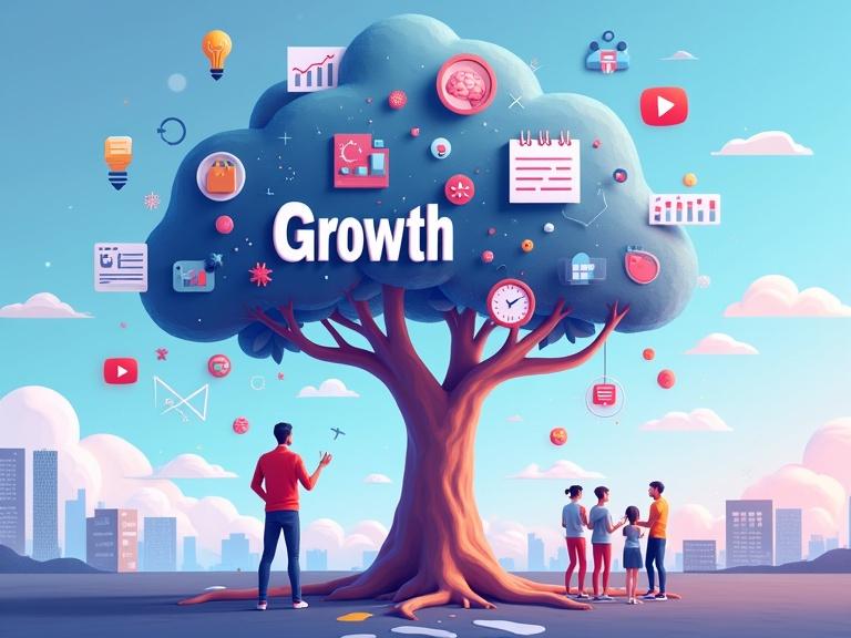 A digital illustration showcasing YouTube growth through a tree labeled growth. A content creator stands by the tree. The tree roots resemble a calendar. The branches turn into charts and graphs. Icons float around representing key elements. The background has hints of trends and a roadmap.