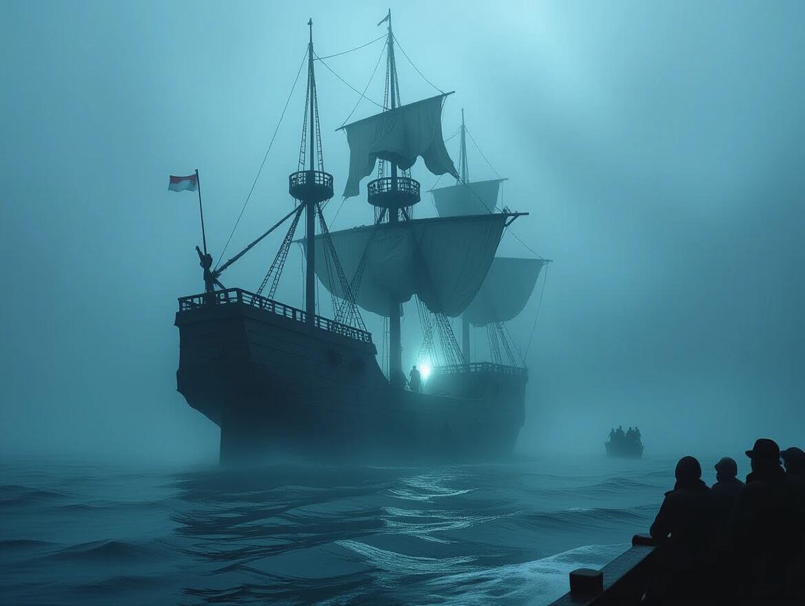 The Flying Dutchman appears on the sea horizon. The ghost ship emerges in a dense fog under a dark sky. 17th-century vessel is a shadowy silhouette illuminated by bluish light. Its hull is covered with seaweed, and torn sails billow. Ghostly figures appear on deck and between masts. Contemporary sailors watch in fear from a distance. Atmosphere is foreboding with thick fog and supernatural water reflections.