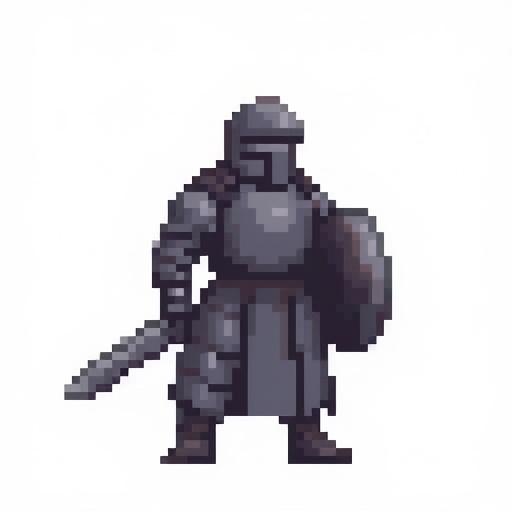Pixel art representation of a knight. Character measures 128x128 pixels. Knight faces right while holding a sword; shield is also present. Image has a transparent background.