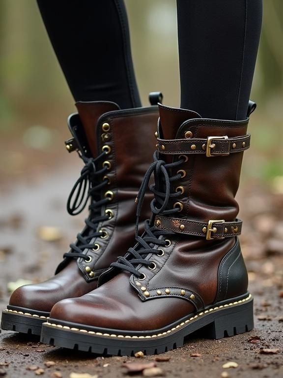 Steampunk styled boots in dark brown leather. High boots with rough leather texture showing aging. Thick sole with toothed tread for stability. Lacing through metal rings with rivets. Straps with large buckles mimicking steam mechanisms. Randomly placed rivets on wear and heel like protective pads. Chains or thin belts with gears on sides. Matte leather material with scuffs and shiny metal details. Sole shows traces of dirt. An optimal footwear for an active steampunk heroine.