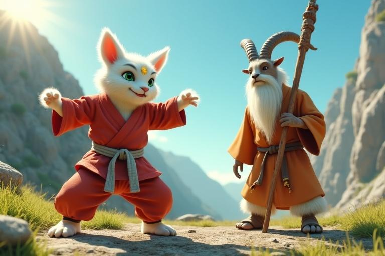 Cinematic scene featuring Kittuu a cat practicing karate in a mountain setting. Bright blue sky behind him. Kittuu wears a light red karate gi with white belt. His fur is white and he has emerald green eyes. Mahaguru a goat in orange-white robes watches with a staff. The setting is lively with green grass and rocky cliffs.