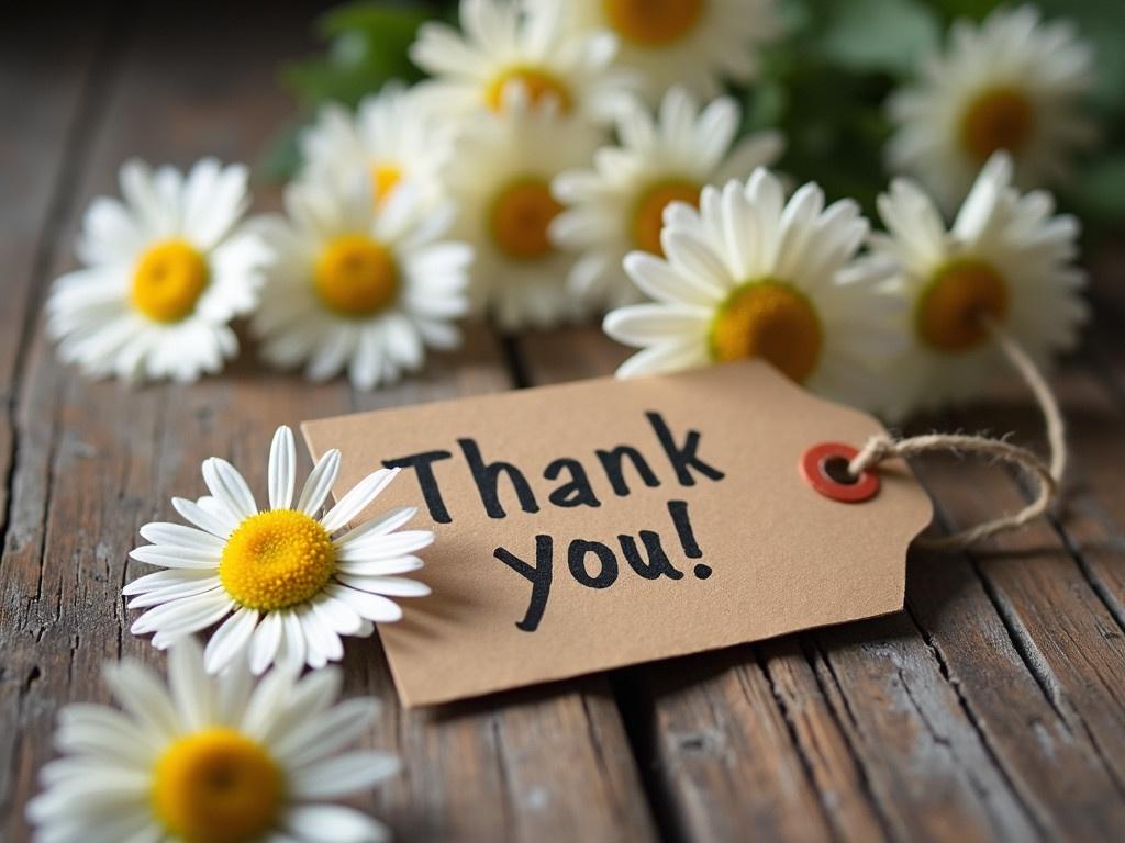 The scene depicts a cozy and romantic setting. A kraft paper tag reads 'Thank you!' in elegant, handwritten font. Soft, white daisies with bright yellow centers are scattered across a rustic wooden surface. The background is softly blurred, suggesting a warm and intimate atmosphere. Natural lighting highlights the texture of the wood and the delicate petals of the flowers. The image conveys a sense of gratitude and warmth.