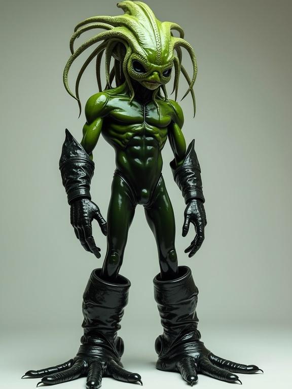 Photorealistic full body portrait of a humanoid amphibian alien with masculine face. Viridian toned slimy skin and black eyes. Tentacles like dreadlocks from scalp. Tall 7'3" with shiny skintight black latex suit and large boots. Lean sinewy musculature and tree frog-like fingers.