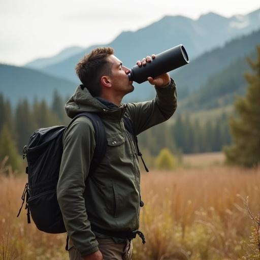 Realistic person walking on a hike drinking from a black cylinder water bottle in a mountainous landscape.