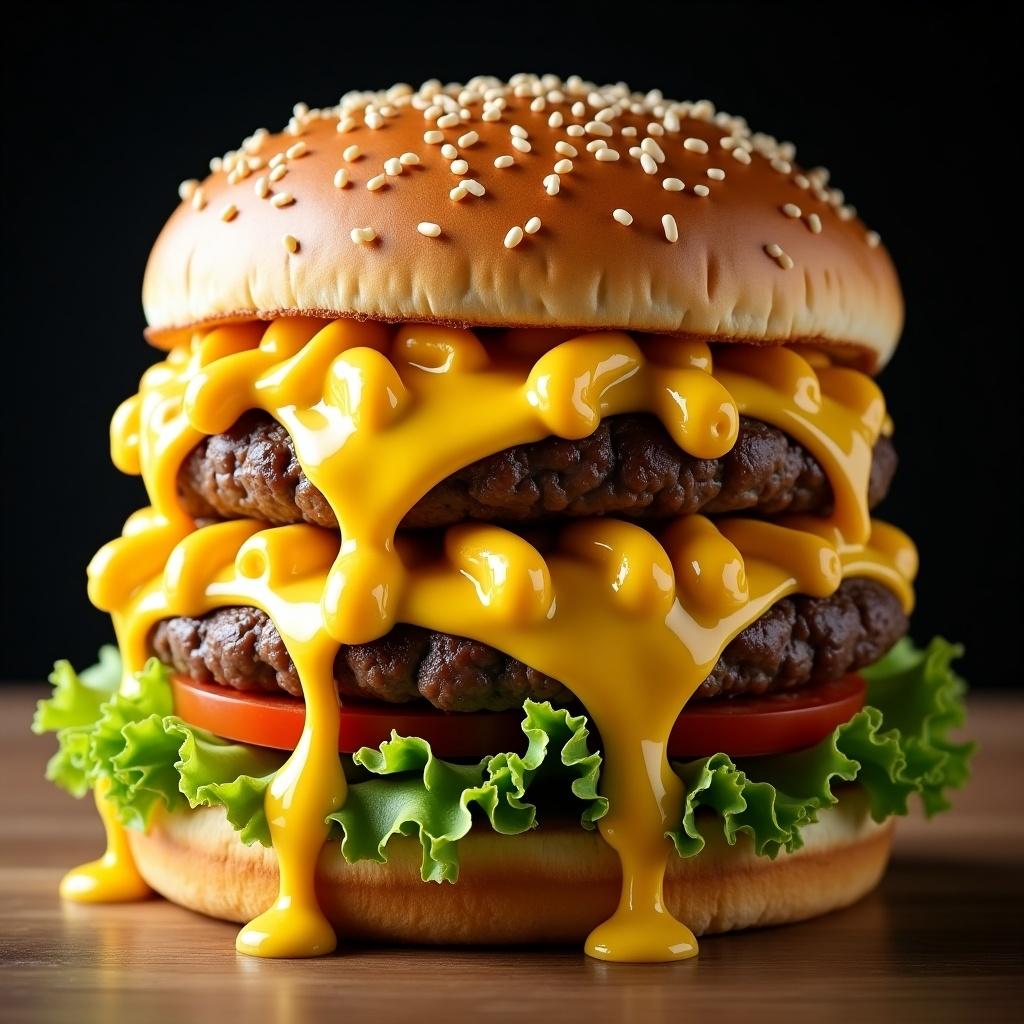 A double patty cheeseburger with oozing yellow cheese. Fresh lettuce and sliced tomato appear in the layers. The bun is sesame topped. Image captured with ultra-realistic clarity.