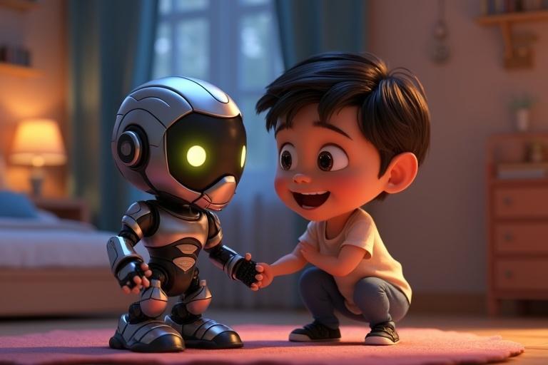 A 3D animated scene features a child playing with a metallic robot toy. The boy is interacting excitedly with the robot. The scene is set in a cozy bedroom. The background contains soft furnishings and warm lighting. The atmosphere is playful and engaging.