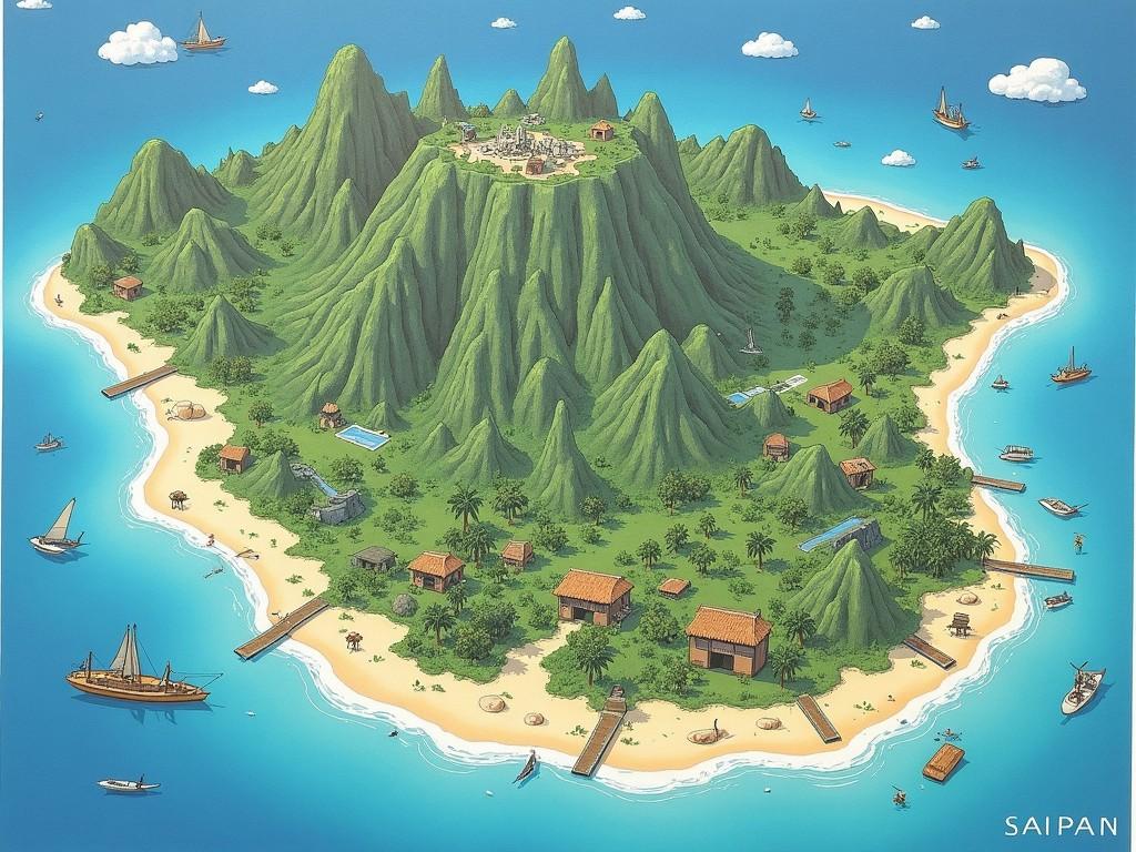 This image depicts a vibrant tropical island with lush green mountains and a small village perched at the top. The island is surrounded by beautiful blue water and features boats traveling in the water. Various huts and palm trees dot the landscape, creating a picturesque scene. The sky is bright and sunny, enhancing the cheerful and inviting atmosphere of the island. This artwork is designed in a charming illustrative style, making it suitable for various creative projects.