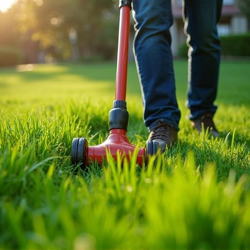 Person using a red lawn mower on green grass in sunlight