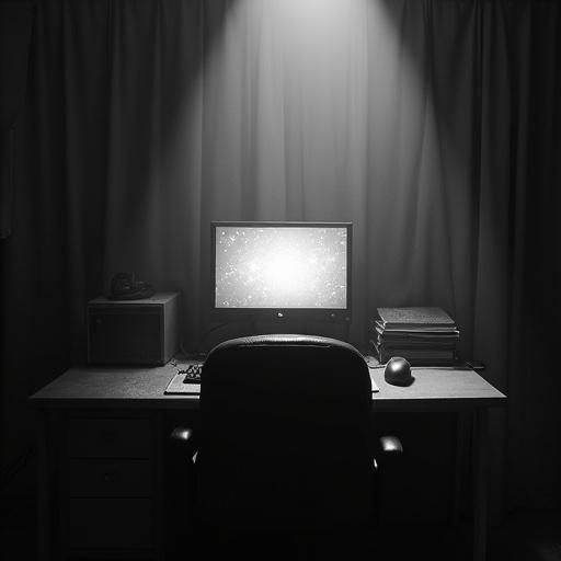 Dusty black and white photo of a computer desk with an illuminated screen. Office chair in front of the desk. Dust particles visible in the air. Spotlight shining from the ceiling on the desk. Dark surroundings. Mouse and keyboard present. Curtain hanging provides a secluded atmosphere. Glitching screen enhances mystery.