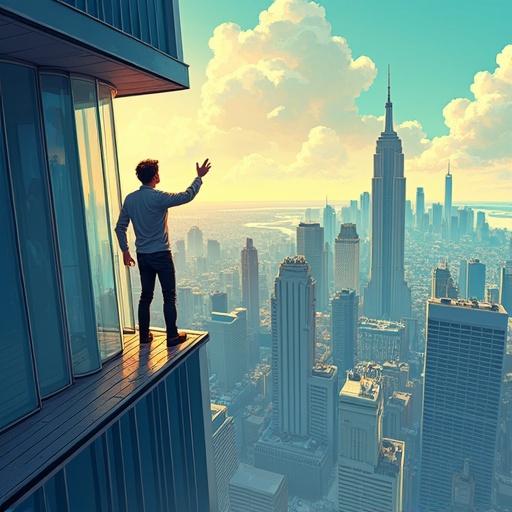 A person stands near the edge of a tall skyscraper. Cityscape is visible far below. The person appears dizzy and frightened. Legs shake while looking down. The illustration showcases a dramatic perspective. The style is vibrant and cartoonish.