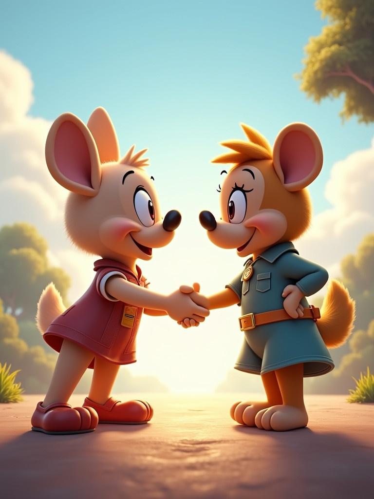 Two animated characters shake hands in a friendly manner. Clear sky is behind them. Bright atmosphere surrounds them. Characters are smiling. Hair and clothing show vivid colors.