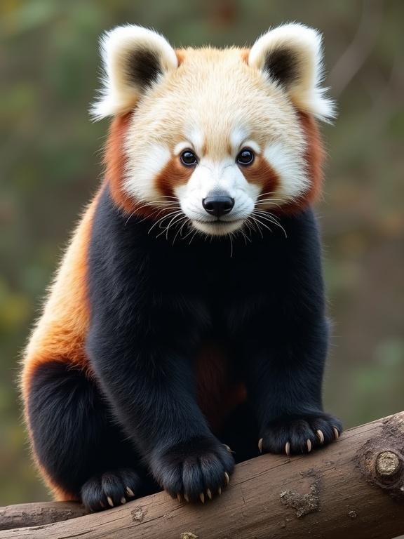 A red panda sitting on a branch looking at the viewer. The panda has a fluffy face with prominent ears and colorful fur. It is perched in a natural setting with soft lighting.