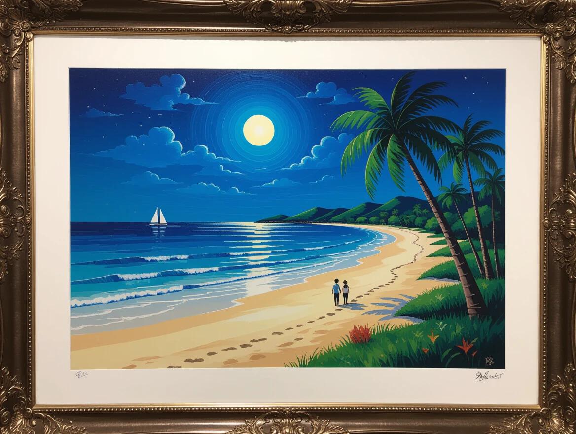Night beach scene with palm trees and a couple walking along the shoreline. Bright full moon illuminates the water. Sailboat in the distance. Tropical and serene atmosphere with Y2K aesthetic.