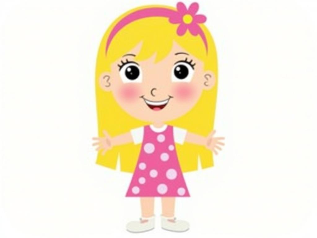 The image features a cheerful animated girl character with long, straight blonde hair adorned with a pink headband and a flower. She has large, round, black eyes and rosy cheeks. The character is wearing a pink dress with white polka dots and white shoes, and she is standing with her arms open as if inviting someone in. The background is simple, allowing focus on her bright, happy demeanor.