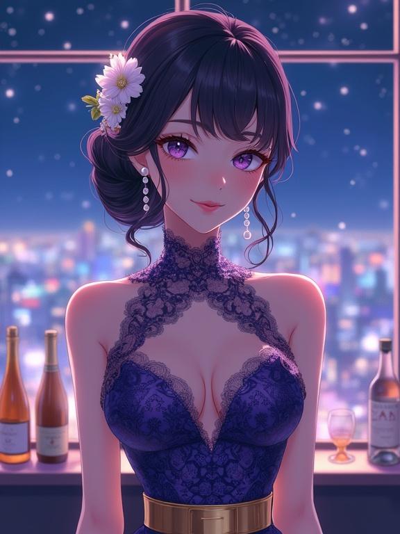 A beautiful young woman with dark violet hair and floral accessories. She wears a form-fitting violet gown with lace and a keyhole neckline. A golden belt highlights her waist. The background shows a nighttime city with soft lighting effects. The scene conveys elegance and serenity.