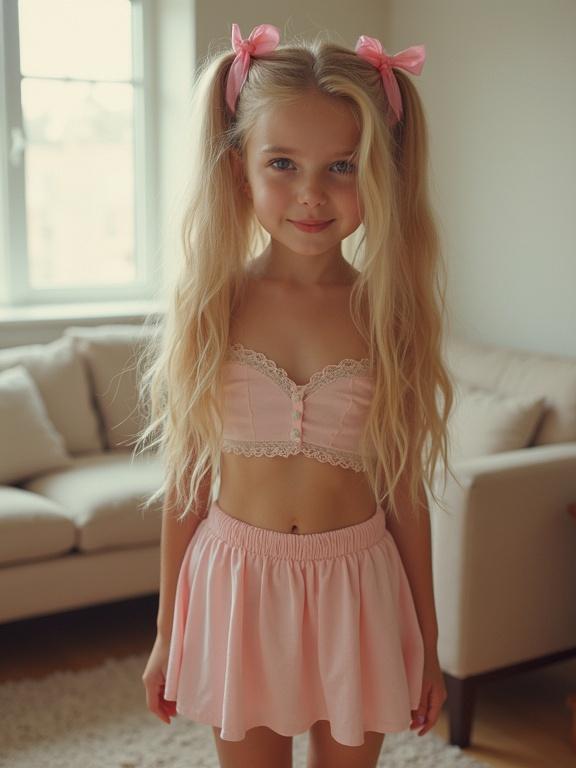 Youthful girl with long blonde hair styled in twin tails wearing pink bows. Standing in soft-lit living room. Slim waist, flirty smile. Wearing crop top and pale pink skirt. Thigh-high socks and simple shoes. Beautiful face. Low resolution and pixelated photo with bright colors. Aesthetic reminiscent of early Instagram filters.