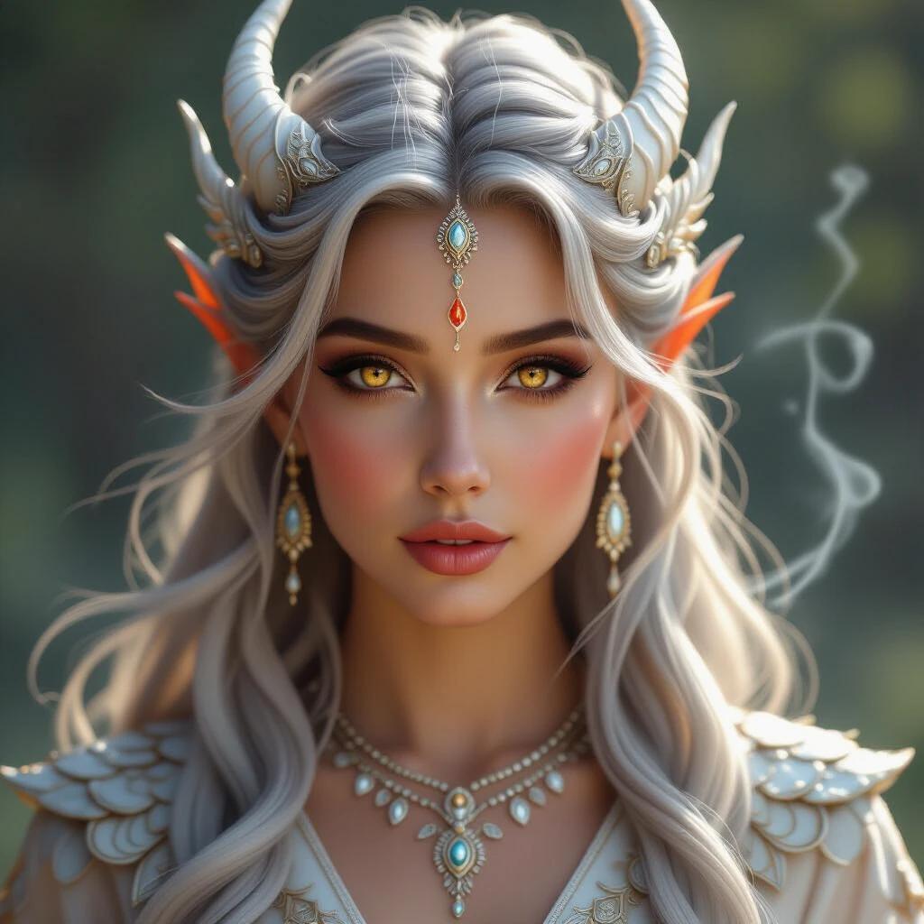 Ultra-photorealistic portrait of a beautiful woman with dragon ancestry. Warm golden-brown eyes. Delicate silver scales on her face. Elegant ivory horns. Translucent dragon-themed outfit. Long silver-white hair flowing in the wind. Ethereal smoke emanating. Natural landscape background with mist and rocks.